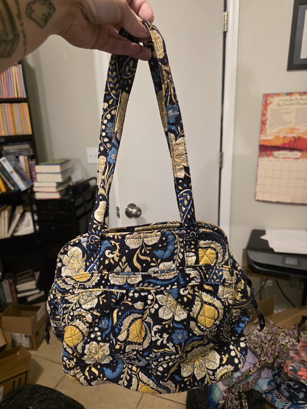 Vera Bradley Quilted Floral Tote Bag in Navy, Yellow & Blue